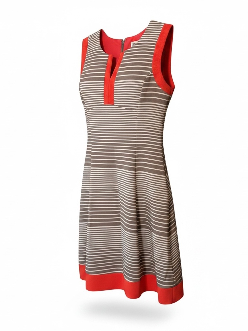 Bethany Gray White Striped Sleeveless A-Line Dress with Coral Trim Size 10